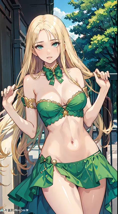 blonde hair, long hair, green eyes, green gown, short skirt, slim legs, navel, balcony, shacking, cleavage, bend over, rolling eyes up, ahegou