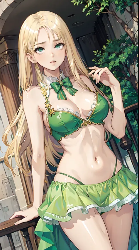 blonde hair, long hair, green eyes, green gown, short skirt, slim legs, navel, balcony, shacking, cleavage, bend over, rolling eyes up, ahegou