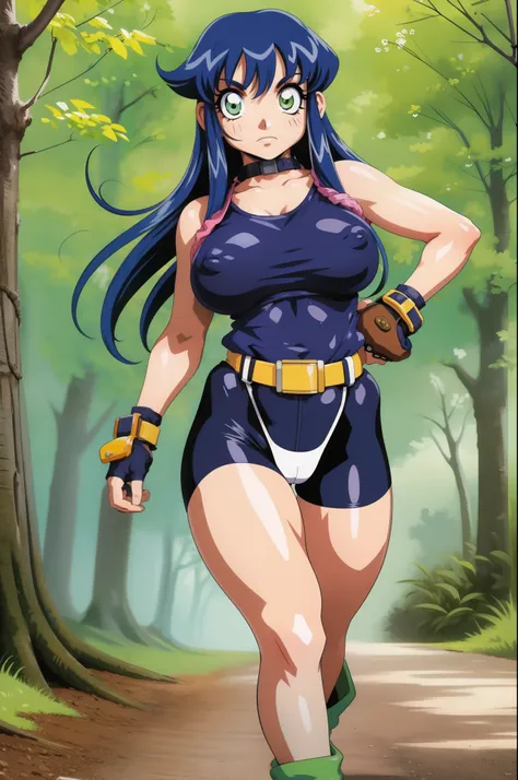 lime,spandex,green eyes,fingerless gloves,1990s (style),blue hair,retro artstyle,long hair,yellow bandana,bike shorts, full body, walking, forest