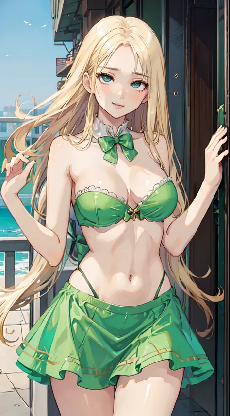 blonde hair, long hair, green eyes, green gown, short skirt, slim legs, navel, balcony, shacking, cleavage, bend over, rolling eyes up, ahegou, tongue out