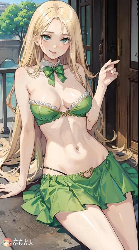 blonde hair, long hair, green eyes, green gown, short skirt, slim legs, navel, balcony, shacking, cleavage, bend over, rolling eyes up, ahegou, tongue out