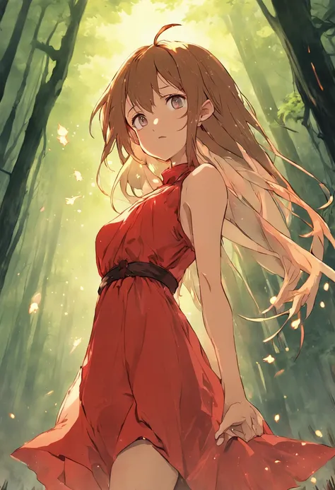 A Light Brown Hair Fairy in a Forest, wearing a Red dress, Perfect Body, Perfect face, Perfect hands, Perfect, Legs, In a City in Fire, detailed and Intrincicated, bioluminicense, HD