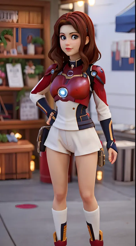 master part, best quality, intrincado, alta qualidade, Realistic, 1girl, Estilo Ironman, Nice iron girl, cabelos pretos, rabo de cavalo alto, diafragma, sexy, Nova Iorque, dynamic pose, Dynamic angle, belos olhos detalhados, Luminous arc reactor in the che...