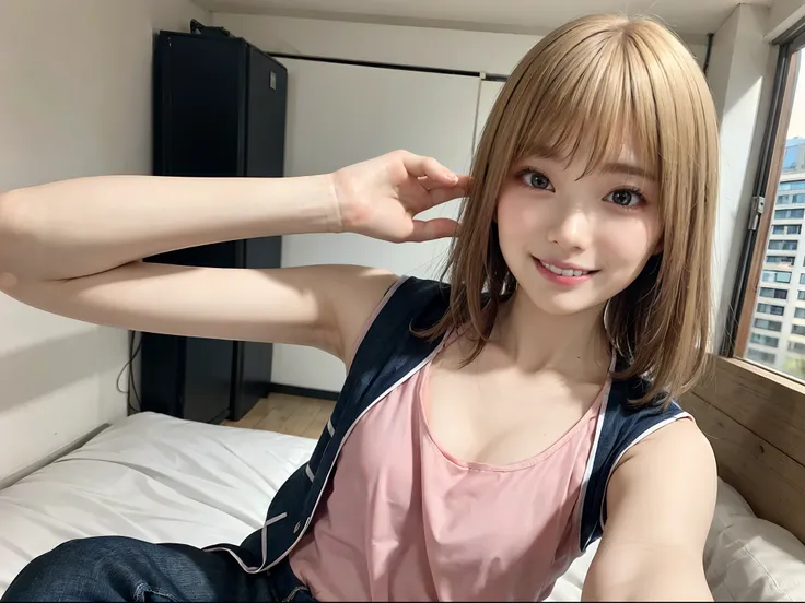 blond woman in a、shorth hair、smaller chest、short sleeve t-shirt in pink color、wearing a navy sleeveless jacket over a t-shirt、we...