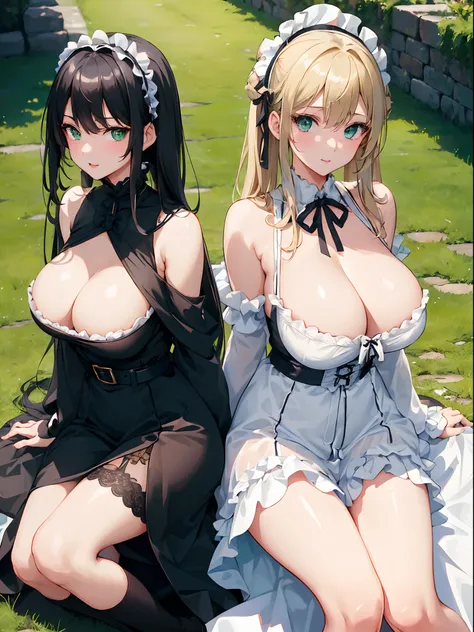 ( (Masterpiece), best quality, HDR,UHD,8K ), BREAK, (((2girls))), (girl1: cute and sexy, perfect body, big breasts, straight long black hair, bangs, perfect face, expressive eyes, crisp dark blue eyes, seductive smile, white blouse dress, skinny belt, blac...