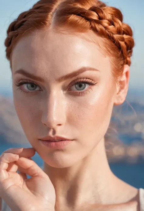 A beautiful young and beautiful attractive girl with ginger braided hair in a bun wearing glamorous makeup, watching the sunset in Santorini, Greece. looking at the camera, Meio Corpo, fotorrealista