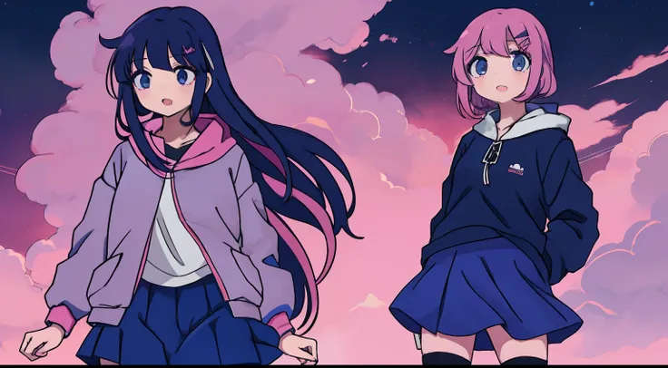 2 anime girls, 1 anime girl with long navy blue hair, bangs, blue skirt, , black legwear, conversation, talking to a 2 anime girl with short pink hair bangs pink hoodie chocker hairclip