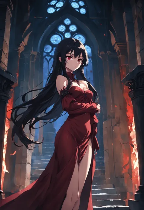 A masterpiece Dark long hair, Vampiress , wearing a Dark Red dress, Perfect Body, Perfect face, Perfect hands, Perfect, Legs, At a Medieval Castle, at night, detailed and Intrincicated, bioluminicense, HD