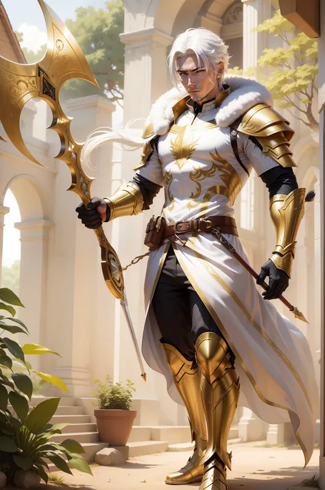 man Archer Fantasy action golden armor brave white hair full body