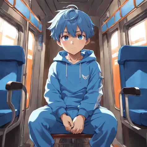 master part, Menino com cabelos azul claro e olhos azuis brilhantes brilhantes e meias pequenas usando um capuz, and oversized sweatpants sitting on a train, chovendo janela externa, jovem, menino, Child, pequeno, barnet, luz suave, (sweatpants:1.4), (meni...