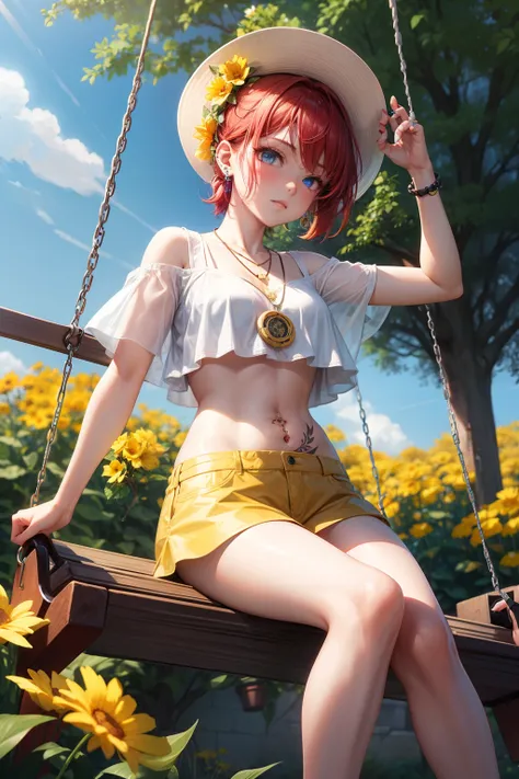 1 girl, solo, only one girl ,Short hair, red hair, short ponytail, blue eyes, necklace, piercings, hand tattoo, Garden, trees, swings, swinging, flowers, yellow flower garden, flower garden background, afternoon, river, white hats, short vans, crop top, be...