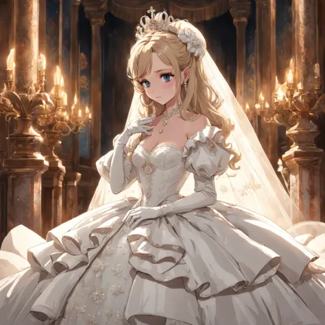 Best quality, Masterpiece, a stunningly beautiful Greer Grammer as a royal bride wearing a stately and elaborate royal wedding dress of white satin and tulle adorned with huge ribbon bows, lace, frills, flounces, embroidery and jewels, with enormous puffed...