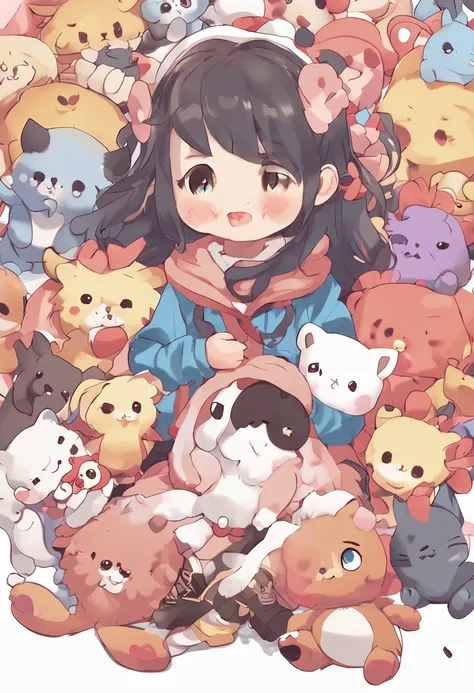 Anime girl with lots of stuffed animals and a cat, Lindo arte digital detallado, por Ryan Yee, Lindo estilo de arte, Adorable pintura digital, Lindo arte digital, lindas ilustraciones detalladas, digital anime illustration, 3D render arte oficial, Arte ofi...