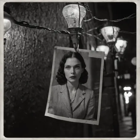 An image set in a dimly lit, rain-soaked city street, with flickering streetlights casting eerie glows. The scene shows a series of black and white photographs of women, each with a haunting expression, pinned to a bulletin board. Red strings connect the p...