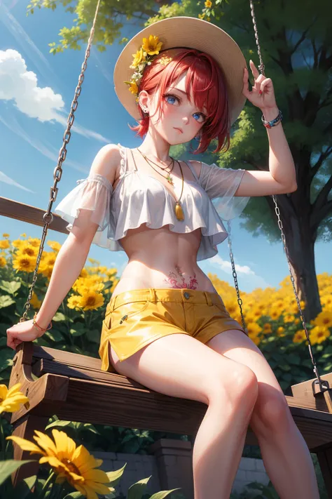 1 girl, solo, only one girl ,Short hair, red hair, short ponytail, blue eyes, necklace, piercings, hand tattoo, Garden, trees, swings, swinging, flowers, yellow flower garden, flower garden background, afternoon, river, white hats, short vans, crop top, be...