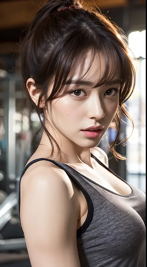 Highly detailed CG Unity 8k wallpaper, top quality, super detailed, masterpiece, realistic, photo realistic, very detailed cute girl, 25 years old, Muscle, abs, round eyes, viewer,  blush, parted lips, half body shot, tank top, gym, back shot,