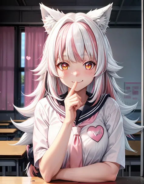 ((wolf girl)) ((white hair with pink streaks)) shy smile various sizes ((uniform choose anime style)) colorful school uniform bright red hearts around, cute heart, glitter powder, picture perfect, classroom studying , school, class