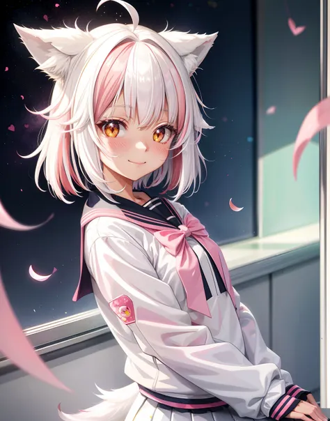 ((wolf girl)) ((white hair with pink streaks)) shy smile various sizes ((uniform choose anime style)) colorful school uniform bright red hearts around, cute heart, glitter powder, picture perfect, classroom studying , school, class