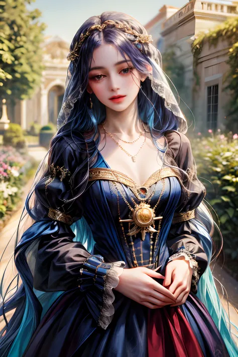 (absurdres, highres, ultra detailed), 1girl, solo, mature, (very long hair, cobalt hair), Baroque, Necklace, long dress, long sleeve, elegant, colorful, highest detailed, upper body, outdoors, garden