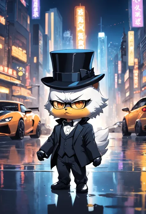 A masterpiece Chibi white duck animal, Mafia boss,  wearing a Black suit, a top hat, sunglasses, drinking a beer, next to a sport car in a city at night, neon, bioluminicense, HD