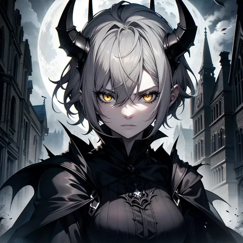 Gargoyle, humanoid, grey skin, grey tint, dark night, yellow eyes, glowing eyes, female, head portrait, stone skin, black robes, short hair, gothic style, moon, gothic house, horns, cracks in skin