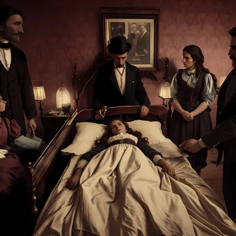 There are people standing around a man in a bed with a woman in a bed,In 1888, in Italy, a 30-year-old woman dies in her bed, with tuberculosis, Around her, her husband and children are very sad, Realistic photo with the colors and clothes of the time, det...