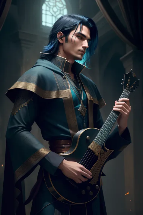 "Craft a detailed image prompt featuring a 27-year-old male Kalashtar character within the immersive world of Dungeons and Dragons. This character is a captivating fusion of a bard and necromancer, seamlessly blending two contrasting themes into a singular...