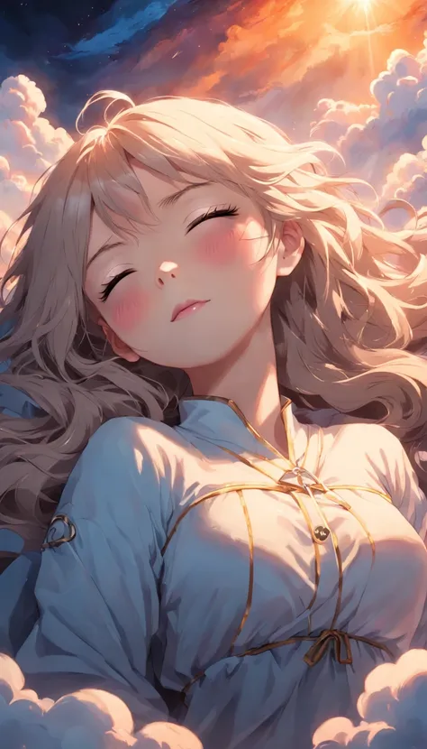 ​masterpiece, Highest Quality, MovieSteel, 1female, Cloud Lady, Floating in the sky, close-up, brightness, happiness, Warm and soft lighting, sunset, Sleeping, Sleep on your stomach, sleep, eyes closed, fatigue. (sparks:0.7)