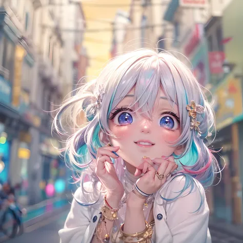 (masterpiece:1.1), (best quality:1.1), (anime screencap:1.1) of (1girl in the street, heart eyes, 😍, blushing, smiling wide, open mouth, pink, yellow, light yellow, azure, big eyes, looking at the viewer, white coat:1), crepuscular rays, (pouty lips, portr...