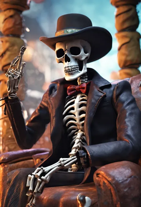 A masterpiece Skelleton Rocker, With a Cowboy hat, Smoking a Cigarrette, sitting on a Throne, HD