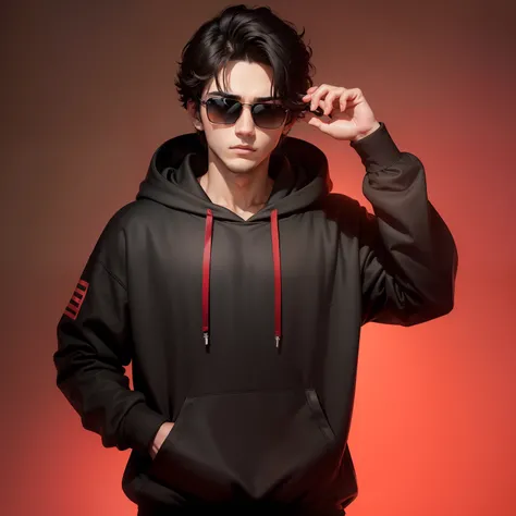 A handsome 18 year boy With black Hoodie and black sunglasses , Red gradient background