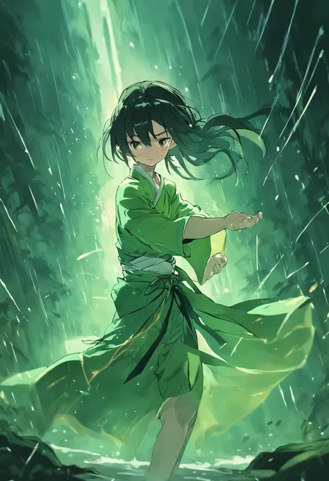 1 young girl, kung fu, green bamboo forest, surrounded by rain, illustration style, motion blur, opened robe, breasts, cleavage, long exposure fullbody, exquisite facial features, Chinese styleink style, martial arts style, selective focus, panorama.