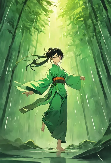 1 young girl, kung fu, green bamboo forest, surrounded by rain, illustration style, motion blur, opened robe, breasts, cleavage, long exposure fullbody, exquisite facial features, Chinese styleink style, martial arts style, selective focus, panorama.