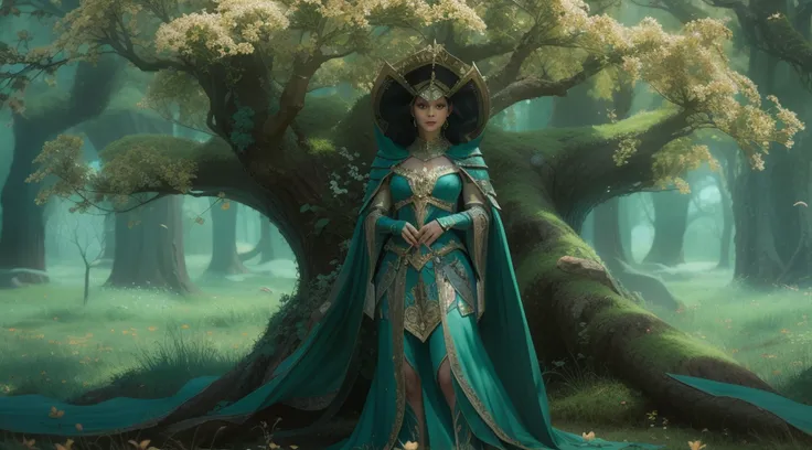 a woman alone in green queen armor standing under a cherry tree, uma bela rainha, fantasia, rainha elfa bonita de cabelo preto e...