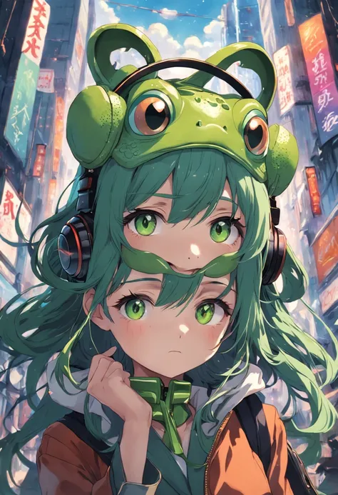 A masterpiece  Green frog with headphones, HD