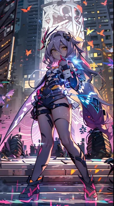 noite, fundo colorido da cidade cyberpunk, menina de rua, sirin,honkai impact, olhos azuis, olhos brilhantes, meias pretas, retr...