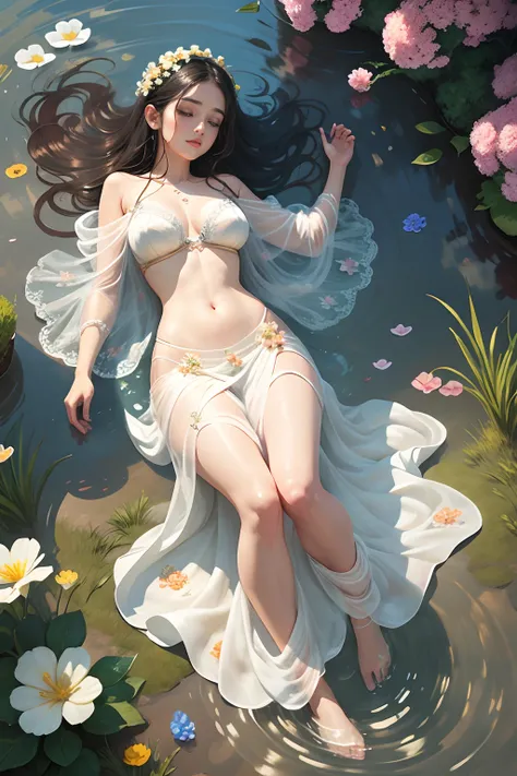 beauty with dark hair and flowers floating in water, hazel eyes, big eyes, translucent white saree, translucent bra, beautiful beauty, beautiful digital illustration, beautiful artwork illustration, beautiful digital artwork, beautiful gorgeous digital art...