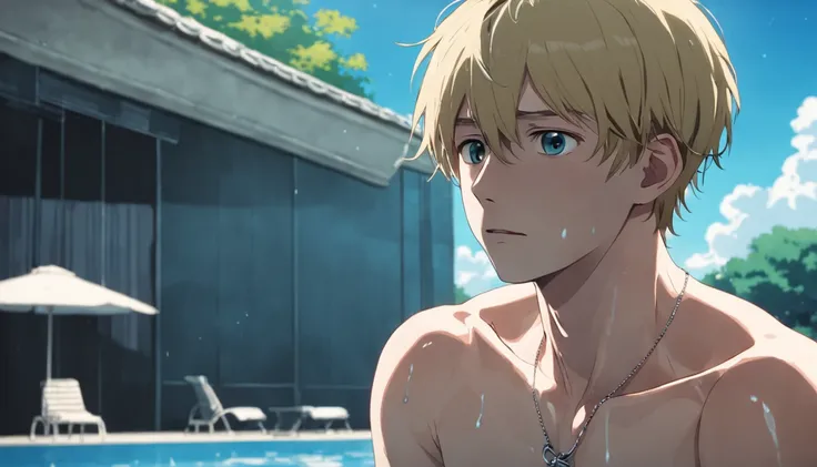 attractive 16 years old man, blonde, sitting next to a pool, mansion, sweating, wearing a dog collar, no shirt, pale skin, light from front, close-up, short length hair, shy, dalmatian skin tight latex skin
(analog style:1.8)