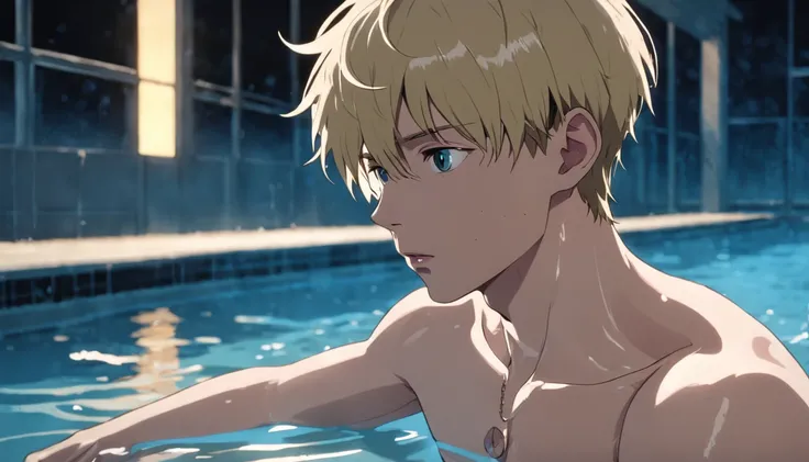 attractive 16 years old man, blonde, sitting next to a pool, mansion, sweating, wearing a dog collar, no shirt, pale skin, light from front, close-up, short length hair, shy, dalmatian skin tight latex skin
(analog style:1.8)