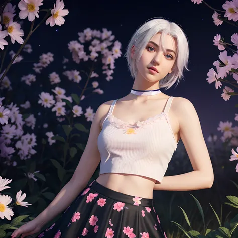 realistic, 1girl, white hair, purple eyes, glowing eyes, crop top, skirt, parted lips, blush, night, flowers, sun, sunlight, --auto