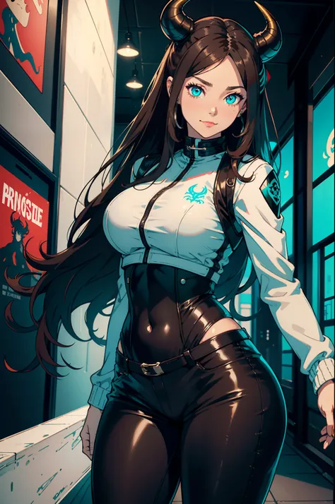 Adult woman, Long brown hair, hair in a bun, Cyan eyes, dragon horns, black tight pants, Black tight top, White leather jacket, ssmile, Masterpiece, hiquality