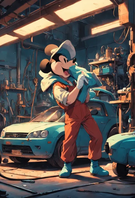 A masterpiece  Mickey Mouse as a Mechanic fixing a car, perfect body, perfect head,  HD