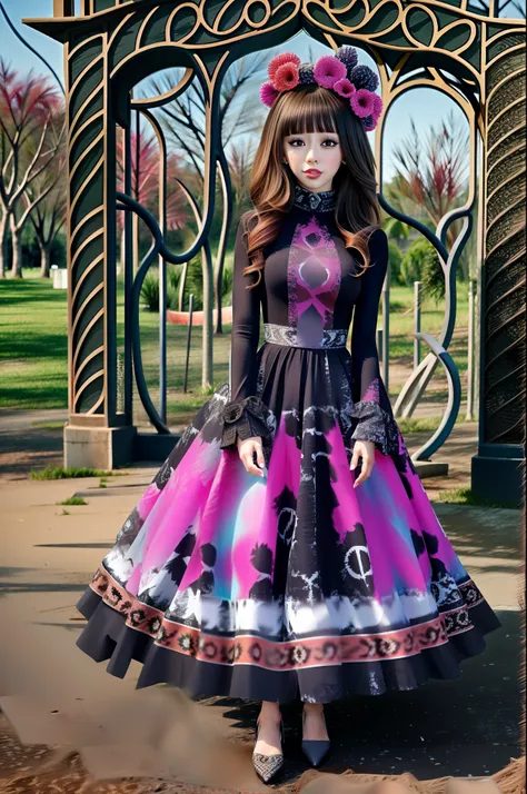 en un hermoso parque una mujer de aspecto moderno. it has a very colorful and striking kawaii gothic style.., con un maquillaje ...