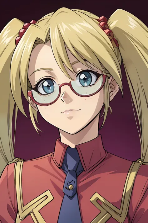 (masterpiece, best quality, ultra-detailed), 1girl, rebecca hopkins, blonde hair, twintails, red glasses,looking at viewer, (por...