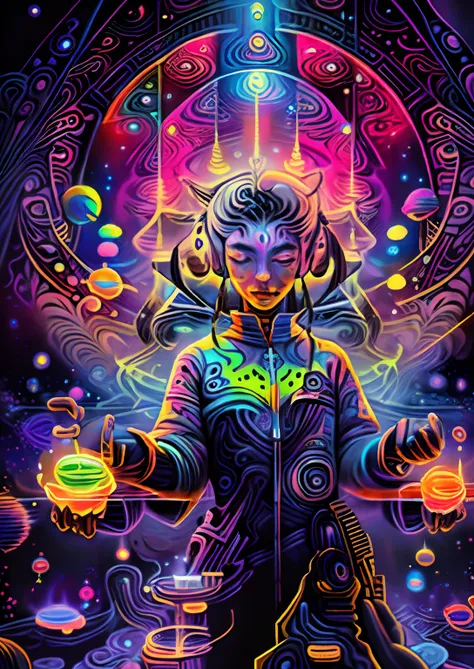 (High resolution, incredibly detailed, masterpiece), beutiful chines women with a galaxy shaped vortex neon in one hand, featuring fractal geometry neon in (vibrant colors:0.8), set against a (galactic background:1.2),neon, bringing together complex,psyche...