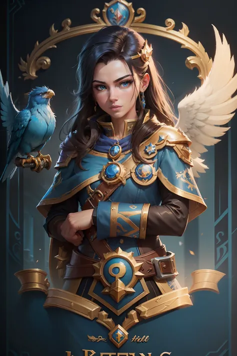 (((Logo In the style of the game RUSH ROYAL)))  Close-up of blue and gold coat of arms with two birds, Royal insignia in the background, 8k high quality detailed art, by Fyodor Rokotov, royality, fantasy hearthstone art style, Royalcore, coat of arms, disc...