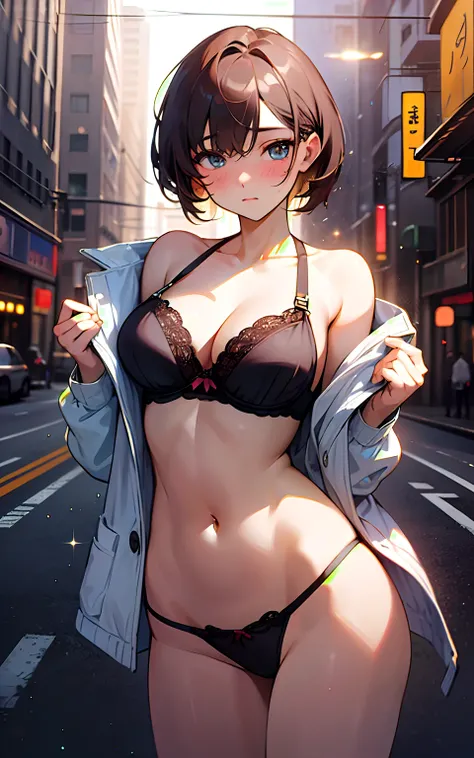 (Original Character、Unity 16K wallpaper, Masterpiece, Best quality, Ultra-detailed, Extremely detailed, Caustics, Cinematic lighting, Detailed, Beautiful detailed eyes), 超高分辨率, Fine skin, (Busy city:1.2、Strong light,30 years old,,glitters、Blush、Show off se...