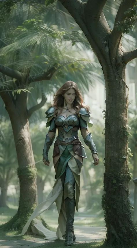 a woman alone in green queen armor standing under a cherry tree, uma bela rainha, fantasia, rainha elfa bonita de cabelo preto e...