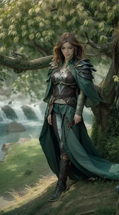 a woman alone in green queen armor standing under a cherry tree, uma bela rainha, fantasia, rainha elfa bonita de cabelo preto e...