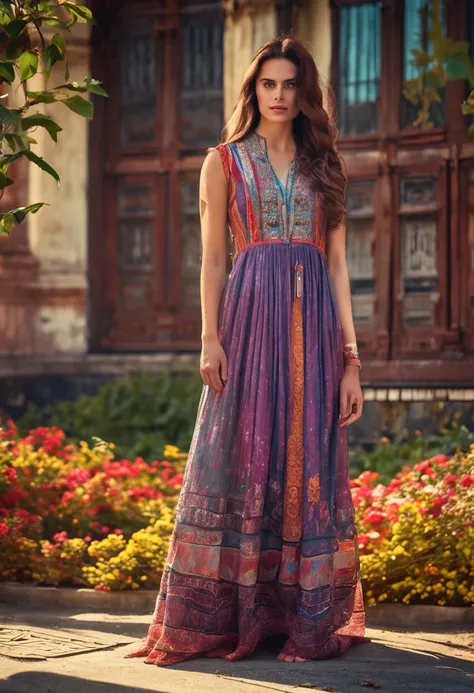 create a realistic + cinematic image, a girl wearing embroidered traditional maxi, sleeveless, v neckline in deep, attractive colors, beautiful eyes